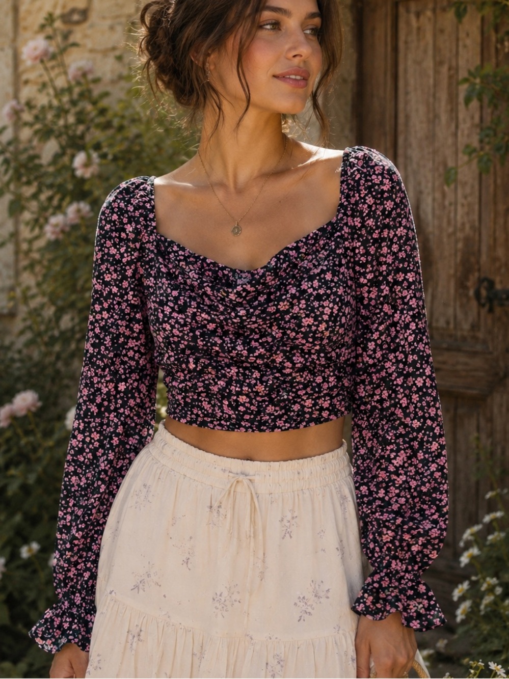 H&M Divided Floral Smocked Puff Sleeve Fairy Whimsigoth Crop Blouse Size L